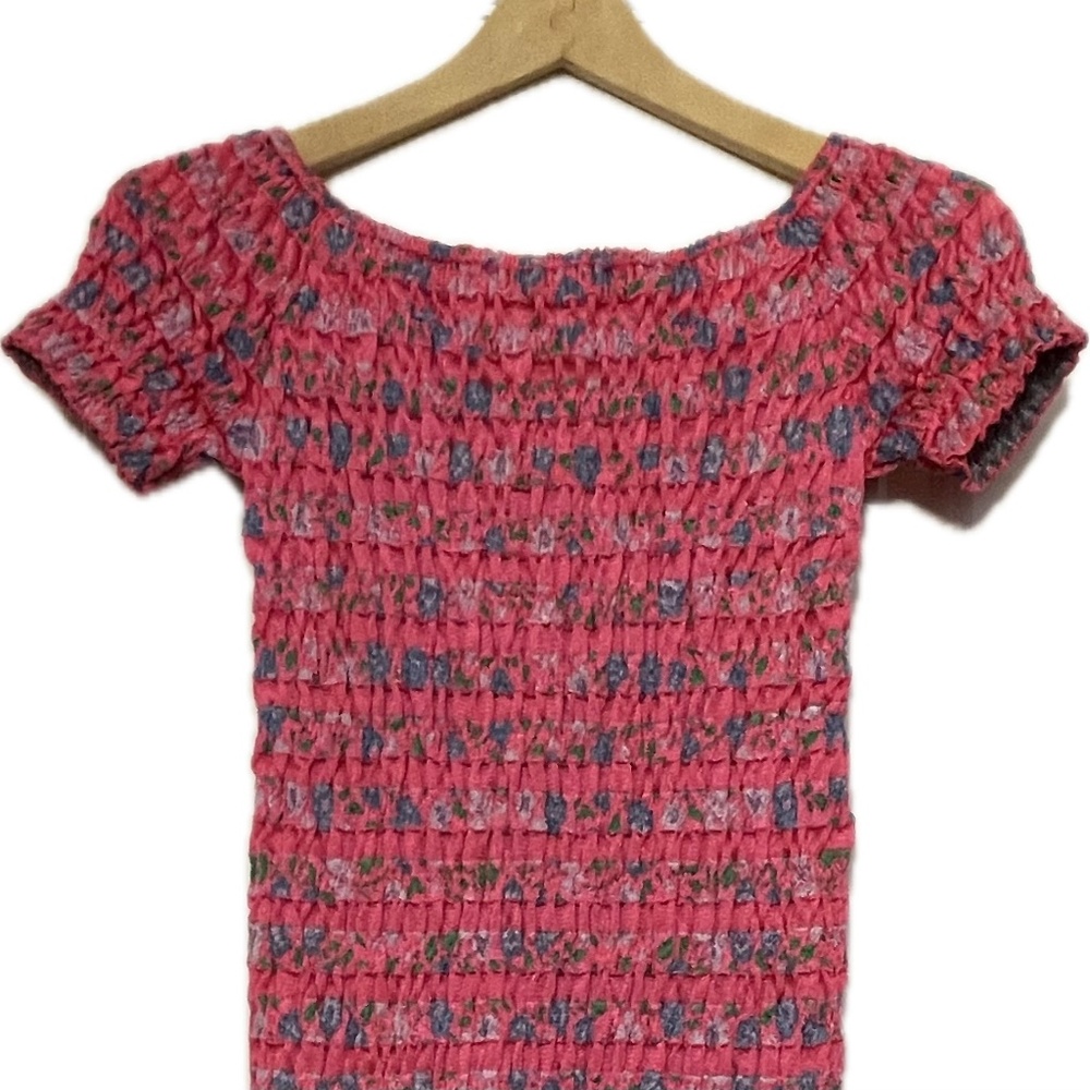 NWT  ZARA Hot  Pink Floral Smocked  Stretch Off Shoulder   Mini Dress Size L - Picture 5 of 13